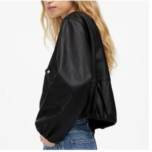 Leather Bubble-Sleeve Jacket true black 100% leather